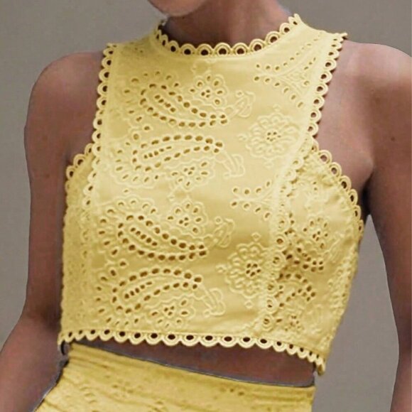 Yellow Boho Women's Floral Hollow Out Full Embroidery  Crop Top - Picture 1 of 10